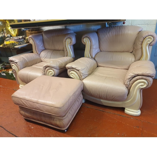 610 - Two Dusky Pink Leather Effect Arm Chairs & Pouffe.