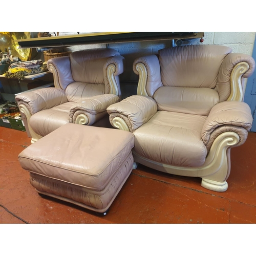 610 - Two Dusky Pink Leather Effect Arm Chairs & Pouffe.