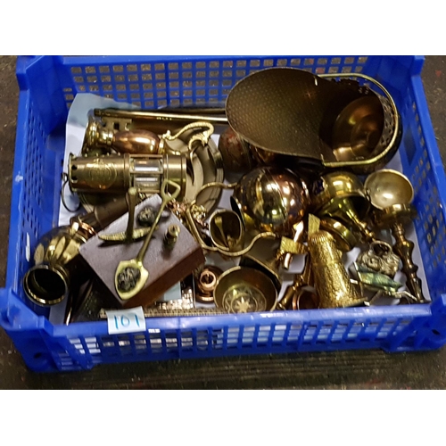 107 - Tray of Brass & Copper Ware Including Small Tray, Candlesticks etc.