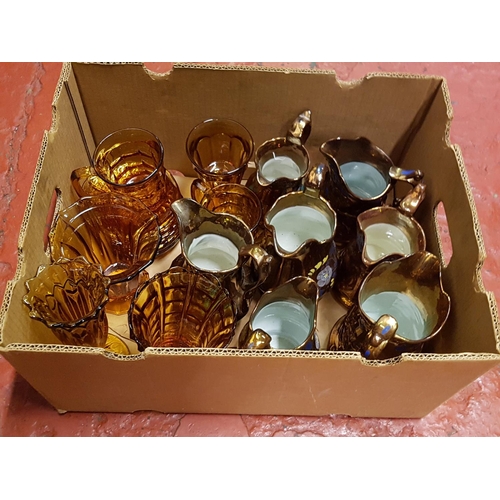 120 - Box to Include Amber Glass Vases, Jugs, Plates & Lustre Jugs.