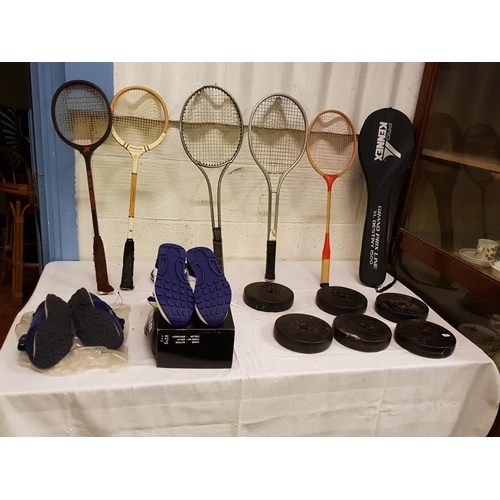 136 - Box to Include Set of 6 Weider Olympian 2kg Weights, Various Sports Rackets, NEW Trainer Shoes etc.