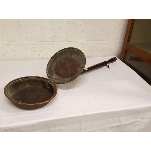 137 - Long Wooden Handled Copper Bed Warmer Pan.