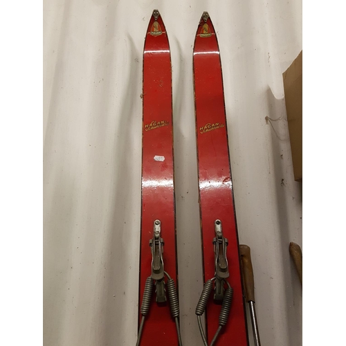 144 - Pair of Hagan Schichtenski Vintage Wooden Ski's & Komperdell Ski Poles.