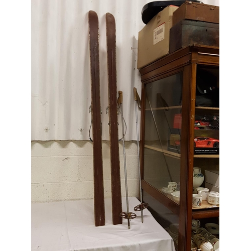144 - Pair of Hagan Schichtenski Vintage Wooden Ski's & Komperdell Ski Poles.