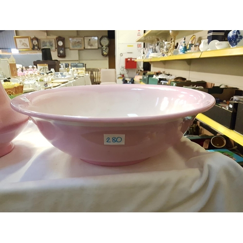 280 - Soho Pottery Pink Dresser Jug & Bowl Set - hairline crack to jug.