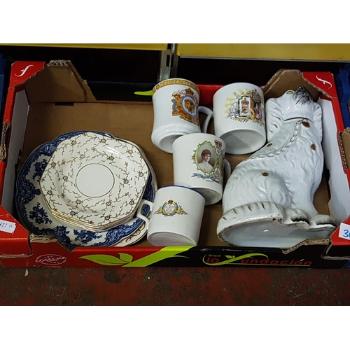 30 - Box of Assorted China Including Commemorative Ware, Alfred Meakin, Staffordshire Mantel Dog.