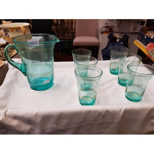 307 - Turquoise & Gilded Glass Water Jug with Six Matching Glasses.