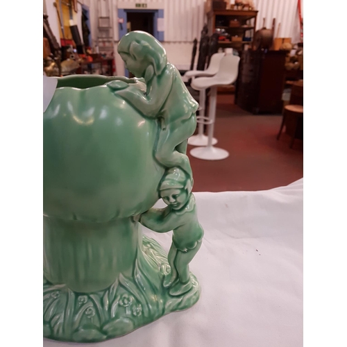 413 - Sylvac Green Mushroom Vase with Gnomes Handle Height c.21.5cm (c.8.5”).