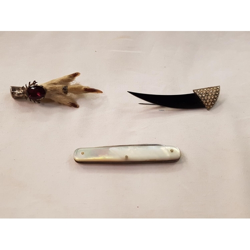 434 - Silver Hallmarked Fruit Knife, Grouse Brooch & Deco Pin.