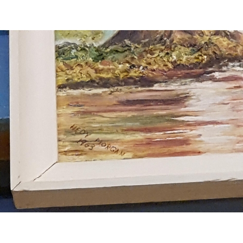 454 - Framed Oil on Board Painting of Woodland Stream Scene By Hedy Morgan 1963 - approx 52 cm x 37cm.