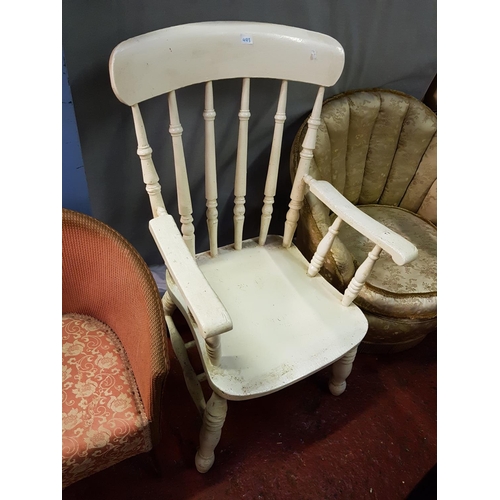 493 - Painted White Spindle Back Grandfather Chair.