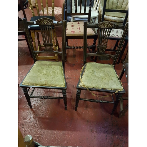 497 - Pair of Inlaid Harp Back Vintage Bedroom Chairs.