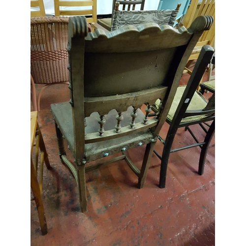 498 - Carved Oak Occasional Chair with Leather Back & Seat.