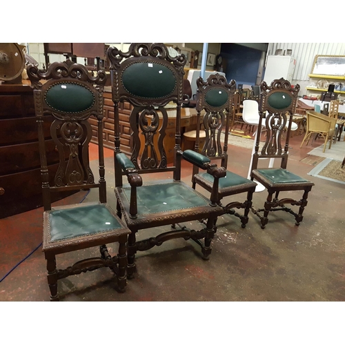 507 - Set of Three Stunning Highly Carved Dark Oak Framed Hall Chairs with Matching Throne Style Carver Ch... 