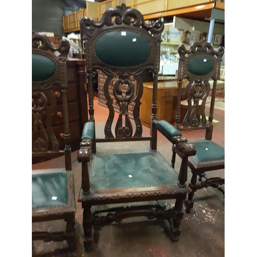 507 - Set of Three Stunning Highly Carved Dark Oak Framed Hall Chairs with Matching Throne Style Carver Ch... 