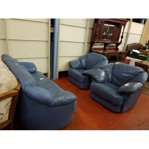 514 - Blue Leather Effect Three Piece Suite Comprising of Three Seater Settee & Two Matching Arm Chairs.