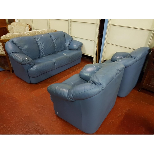 514 - Blue Leather Effect Three Piece Suite Comprising of Three Seater Settee & Two Matching Arm Chairs.