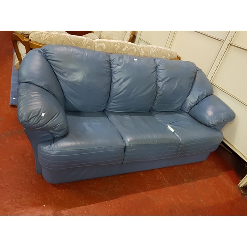 514 - Blue Leather Effect Three Piece Suite Comprising of Three Seater Settee & Two Matching Arm Chairs.