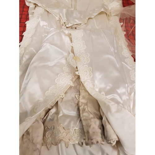 52 - Vintage Satin Wedding Dress and Veil in Box - Tear to Veil and Various Marks on the Dress.