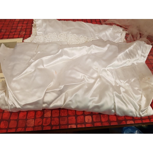 52 - Vintage Satin Wedding Dress and Veil in Box - Tear to Veil and Various Marks on the Dress.