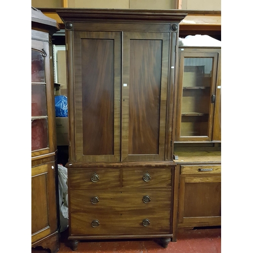 521 - Mahogany Linen Press with Double Cupboard Over Two Over Three Drawer Chest of Drawers - approx 7ft 2... 