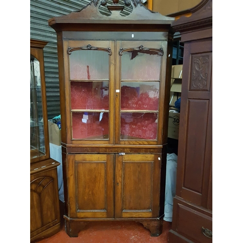 522 - Large Vintage Oak Corner Cabinet with Glazed Doors over Solid Door Double Cupboard - approx 2.25m ta... 