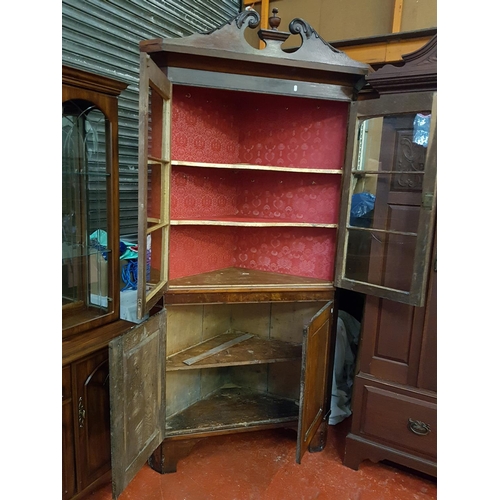 522 - Large Vintage Oak Corner Cabinet with Glazed Doors over Solid Door Double Cupboard - approx 2.25m ta... 