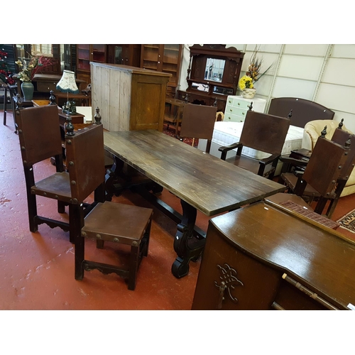 544 - Large Gothic Dining Table with Carved Base, Four Matching Chairs & Two Carvers with Leather Backs & ... 