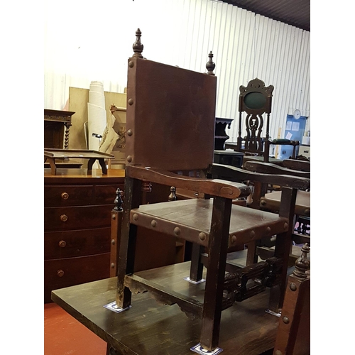 544 - Large Gothic Dining Table with Carved Base, Four Matching Chairs & Two Carvers with Leather Backs & ... 