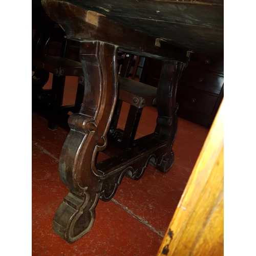 544 - Large Gothic Dining Table with Carved Base, Four Matching Chairs & Two Carvers with Leather Backs & ... 