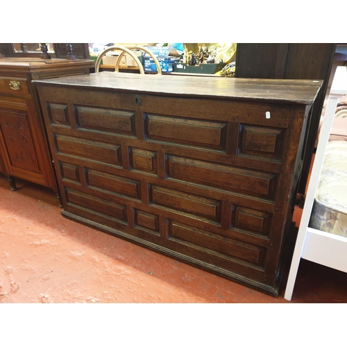 547 - Large Carved Front Oak Coffer with Lid (two rear panels missing) - 90cm tall x 1.45m long x 61cm dee... 