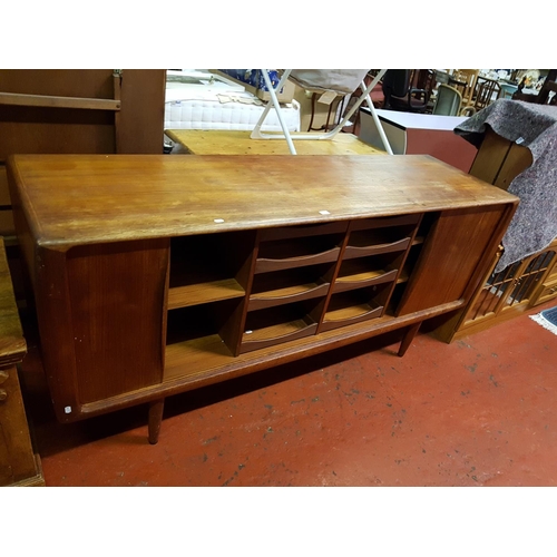 552A - Mid Century Buffet Sideboard with Roller Doors Exposing Central Drawers & Shelves Either Side - 34