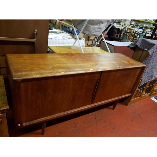 552A - Mid Century Buffet Sideboard with Roller Doors Exposing Central Drawers & Shelves Either Side - 34