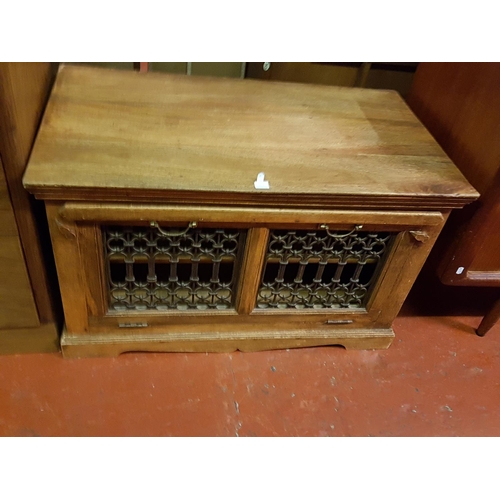 554 - Mexican Pine Cabinet with Fretwork Drop Front Door - approx 60cm, 1m long & 56cm deep.