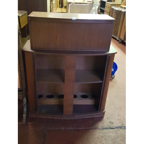 565 - Mid Century Bow Front Drinks Cabinet with Drop and Slide-out Top over Double Sliding Door Cupboard w... 