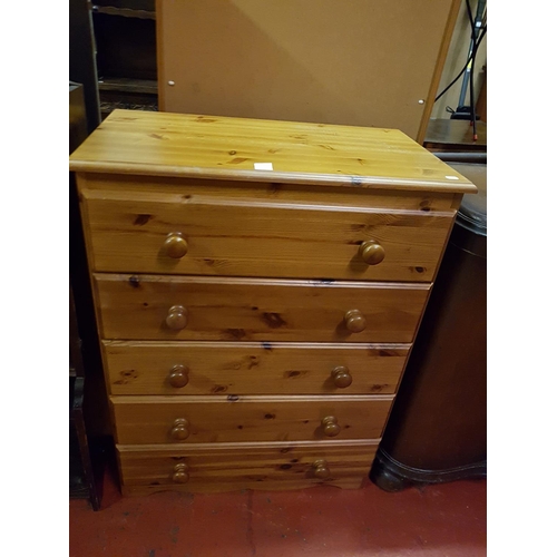 573 - Solid Pine Five Drawer Chest of Drawers - approx 99cm tall x 75cm wide x 42cm deep.