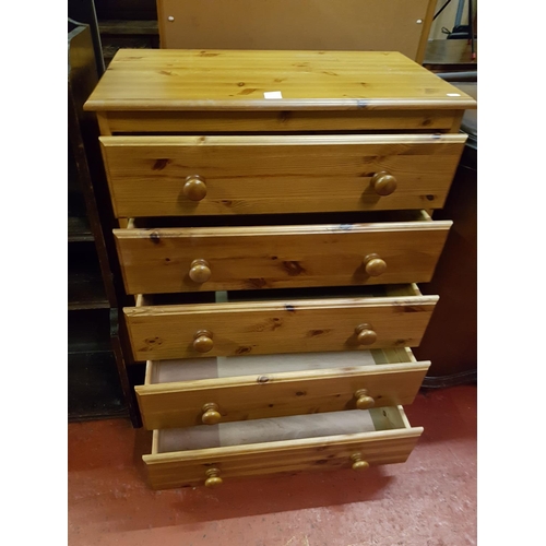 573 - Solid Pine Five Drawer Chest of Drawers - approx 99cm tall x 75cm wide x 42cm deep.