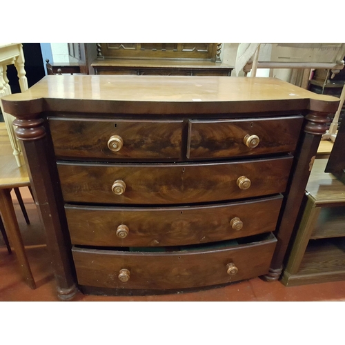 588 - Oak Bow Fronted Two over Three Drawer Chest of Drawers - 108cm tall x 130cm wide x 54cm deep.