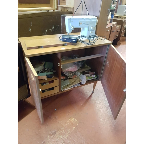 606 - Vintage Sewing Machine Cabinet with Singer Model 413 Machine & Sewing Accessories, Materials & Wool ... 