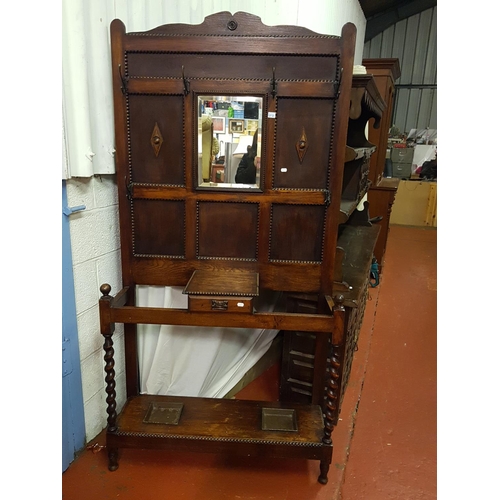 616 - Vintage Oak Hall Stand with Mirror Back, Glove Box & Umbrella Trays.