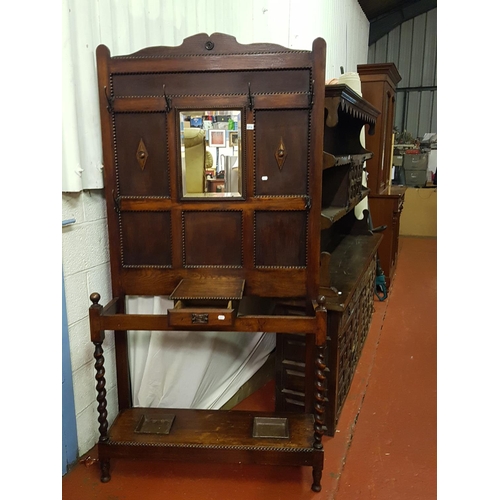 616 - Vintage Oak Hall Stand with Mirror Back, Glove Box & Umbrella Trays.