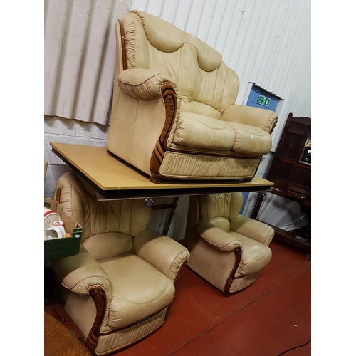 617 - Light Brown Leather Effect Wooden Framed Two Seater Settee with Two Matching Arm Chairs.