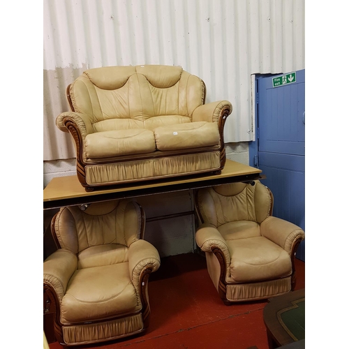 617 - Light Brown Leather Effect Wooden Framed Two Seater Settee with Two Matching Arm Chairs.