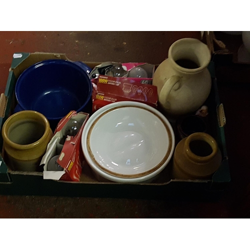 62 - Box to Include Earthenware Jars, Boxed Lightbulbs, Large Jug, Cooking Bowls etc.