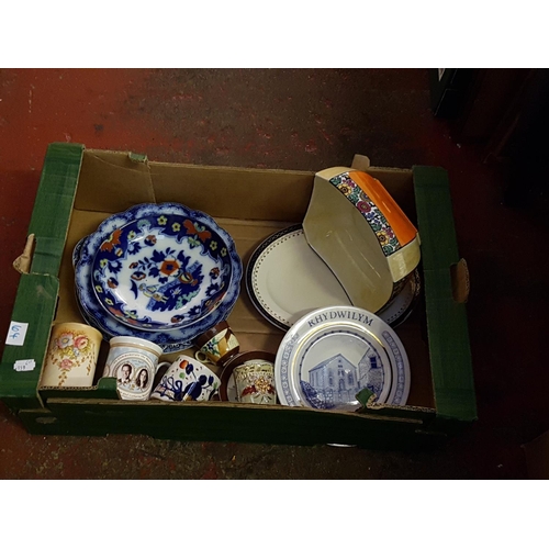 64 - Box of Assorted China Including Burslem, Gaudy Welsh, Crown Devon, Plates Commemorative Ware etc.