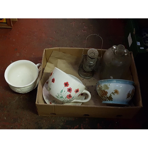 65 - Box to Include Vintage Chamber Pots, Glass Demi Johns, Large Cup & Saucer, Jardinière, Lantern etc.