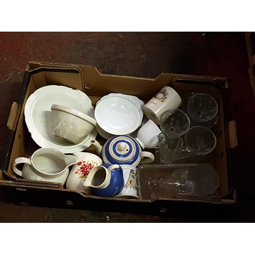 66 - Box of China & Glassware Including Pudding Bowl, Sundae Dishes, Aynsley etc.