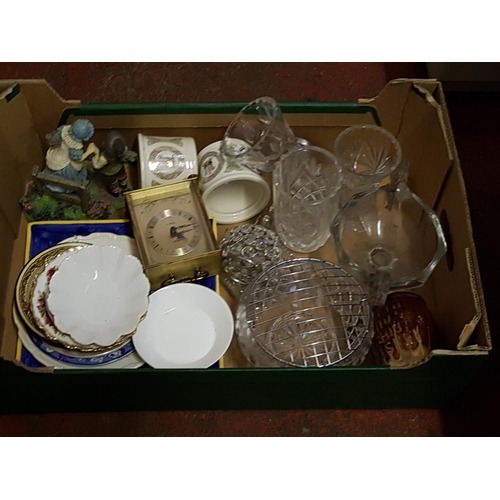 71 - Box to Include Cut Glass Vases, Glass Rose Bowl, Commemorative Ware, Carriage Clock, Plates, Regency... 