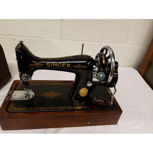 80 - Oak Cased Vintage Singer Sewing Machine & Quantity of Accessories.