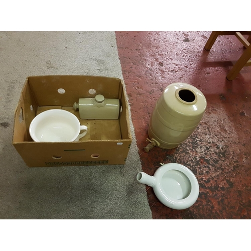 85 - Box to Include Bed Slippers, Earthenware Hot Water Bottle & Barrel.